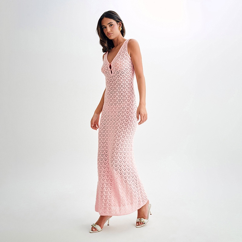 Women Hollow Knitted Beach Dress Summer Sleeveless Slim Cover-up Dress